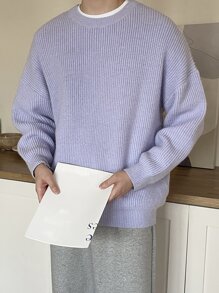 DAZY Men Drop Shoulder Ribbed Knit Jumper - Lilac Purple - View 7