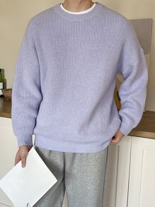 DAZY Men Drop Shoulder Ribbed Knit Jumper - Lilac Purple - View 8