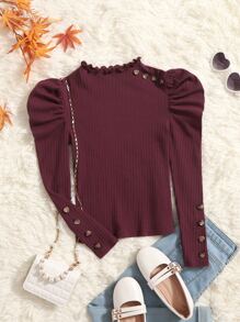 SHEIN 女孩紐扣細節泡泡袖小高領T恤 - 紫紅色 - 查看 1