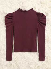 SHEIN 女孩紐扣細節泡泡袖小高領T恤 - 紫紅色 - 查看 2