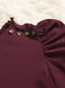 SHEIN 女孩紐扣細節泡泡袖小高領T恤 - 紫紅色 - 查看 3