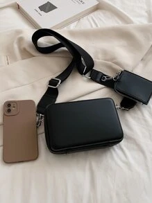 迷你方包帶零錢包 - 黑色 - 查看 4