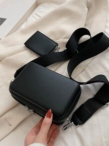 迷你方包帶零錢包 - 黑色 - 查看 6