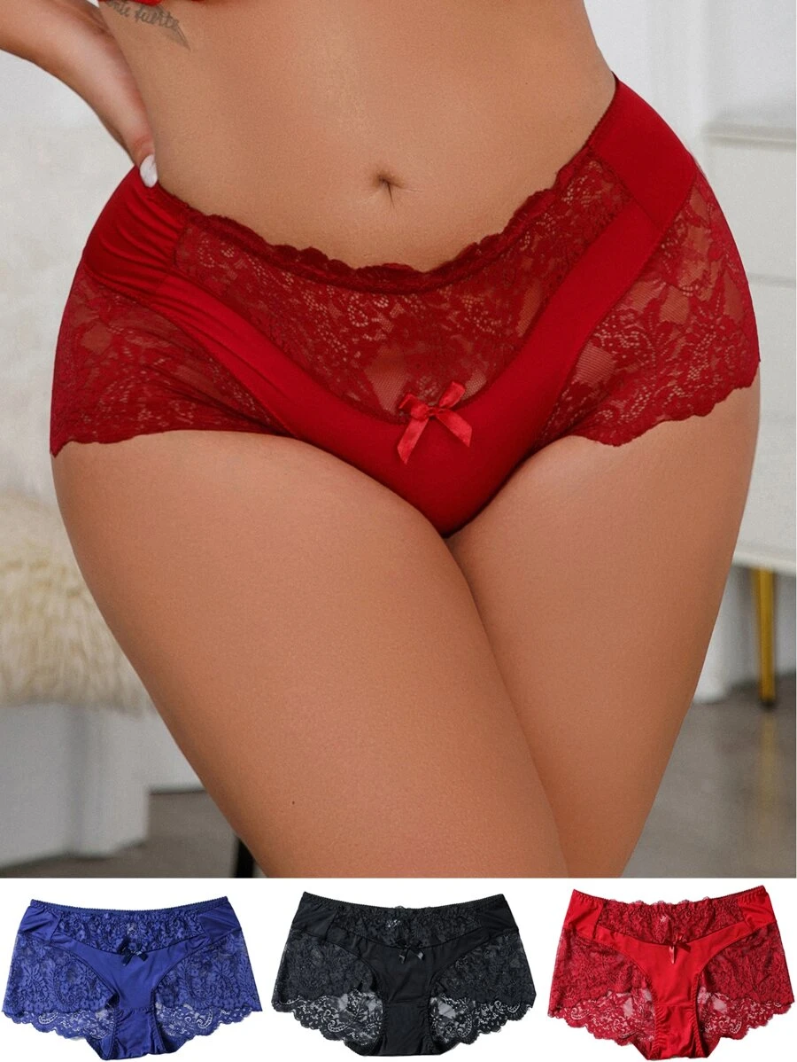 Plus 3pack Lace Bow Front Panty - Multicolor - View 1