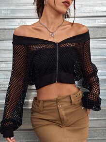 SHEIN ICON Fishnet Off Shoulder Sheer Crop Jacket Without Tube Top - Black - View 1
