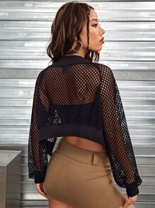 SHEIN ICON Fishnet Off Shoulder Sheer Crop Jacket Without Tube Top - Black - View 2
