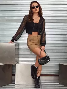 SHEIN ICON Fishnet Off Shoulder Sheer Crop Jacket Without Tube Top - Black - View 6