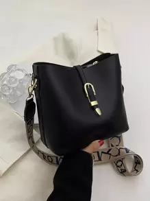 1pc Simple & Fashionable Bucket Shaped Shoulder Bag With Buckle Closure, Crossbody Bag For Women Daily Use - Black - View 1