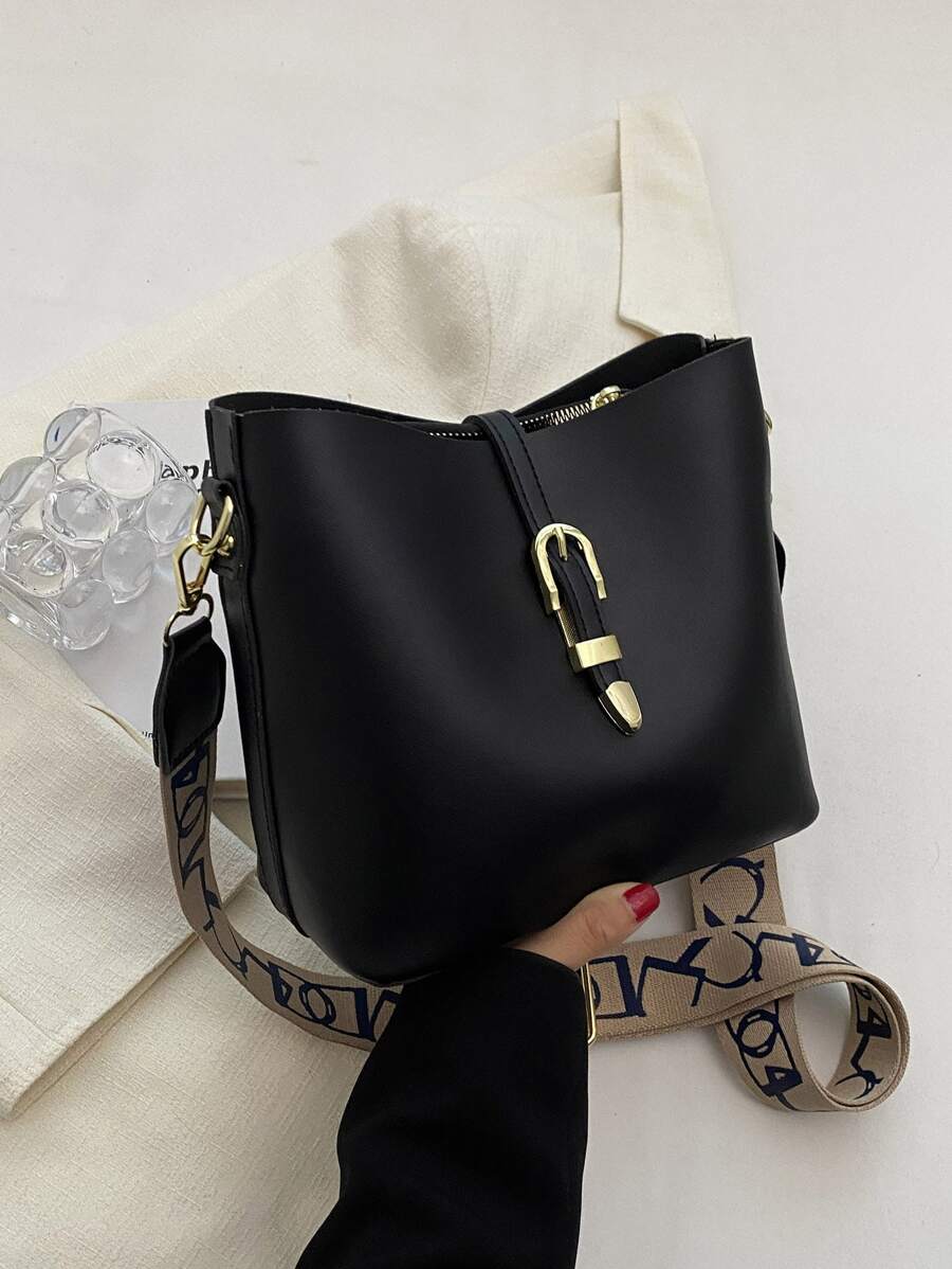 1pc Simple & Fashionable Bucket Shaped Shoulder Bag With Buckle Closure, Crossbody Bag For Women Daily Use - Black - View 1