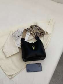 1pc Simple & Fashionable Bucket Shaped Shoulder Bag With Buckle Closure, Crossbody Bag For Women Daily Use - Black - View 3
