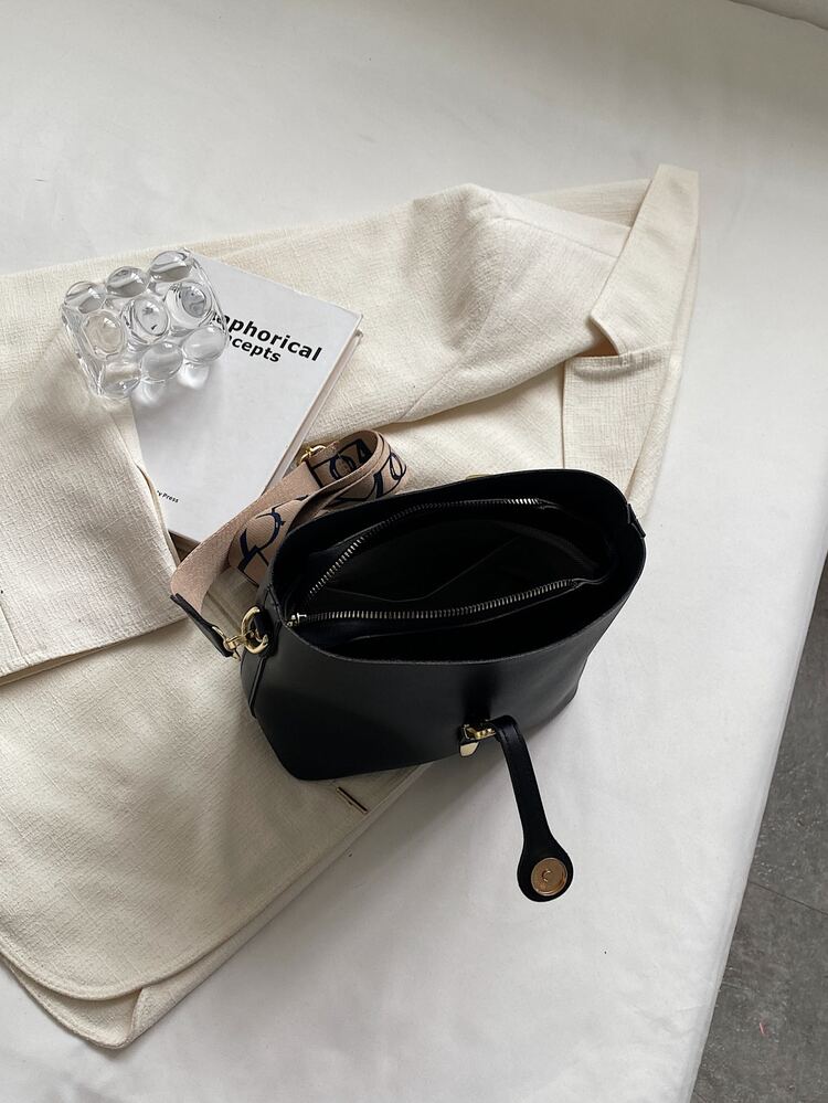 1pc Simple & Fashionable Bucket Shaped Shoulder Bag With Buckle Closure, Crossbody Bag For Women Daily Use - Black - View 5