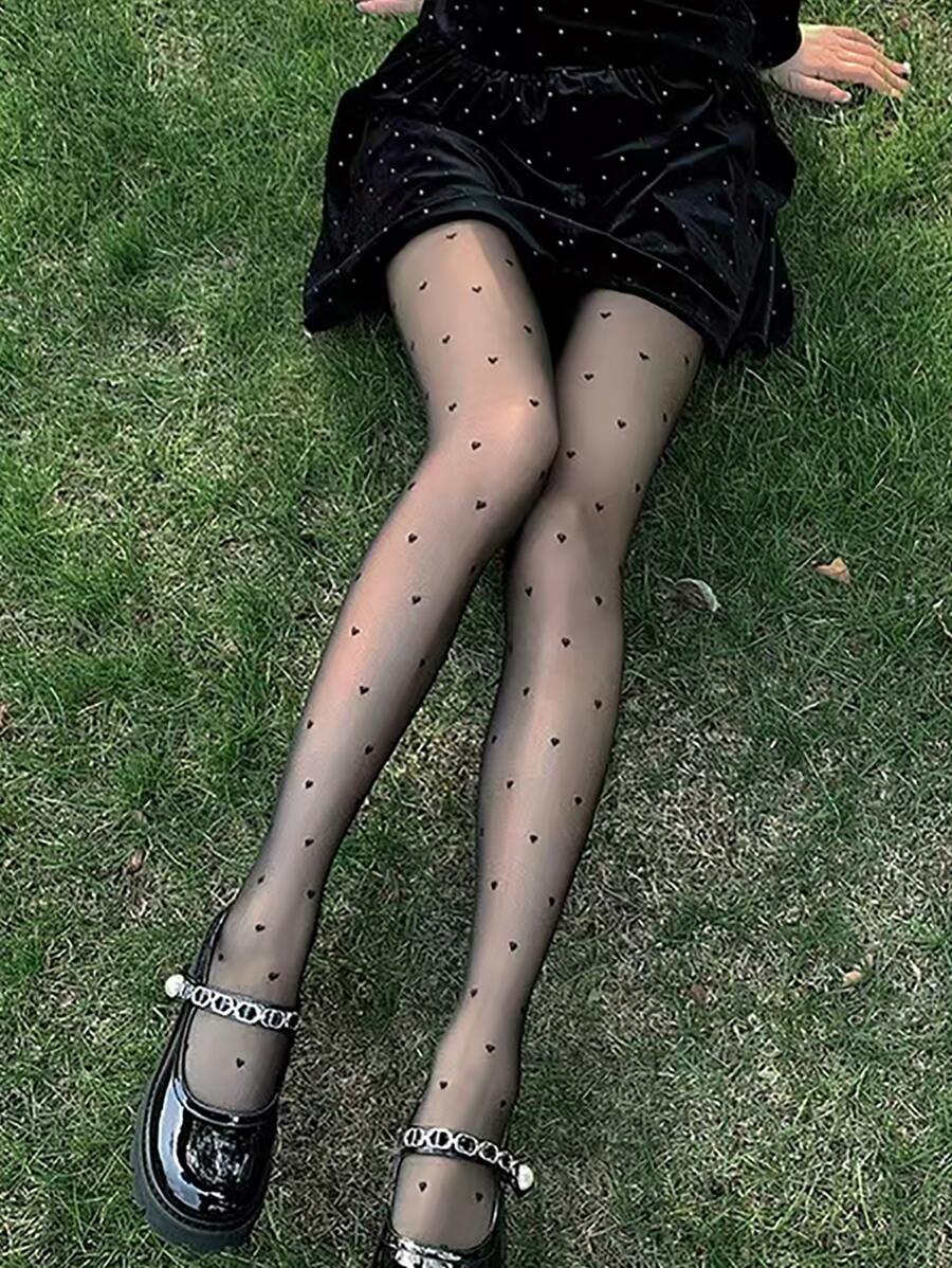Heart Pattern Tights - Black - View 1