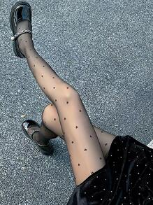 Heart Pattern Tights - Black - View 4