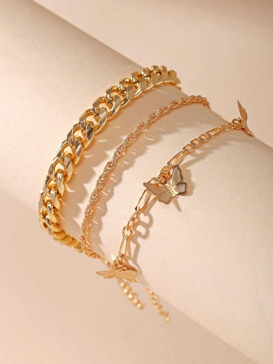 3 piezas Pulsera tobillera con accesorio de mariposa - Amarillo Oro - Ver 1