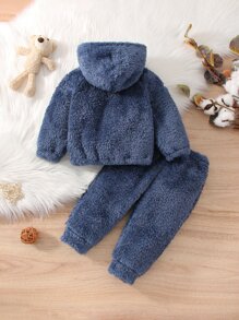 嬰兒字母刺繡毛絨帽衫和褲子 - 霧霾藍 - 查看 2