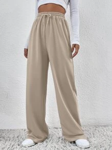 SHEIN Frenchy 素色腰部抽繩衛褲 - 杏色 - 查看 5