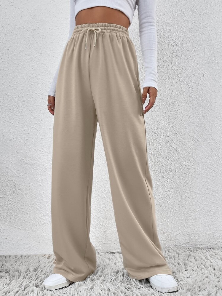 SHEIN Frenchy 素色腰部抽繩衛褲 - 杏色 - 查看 5