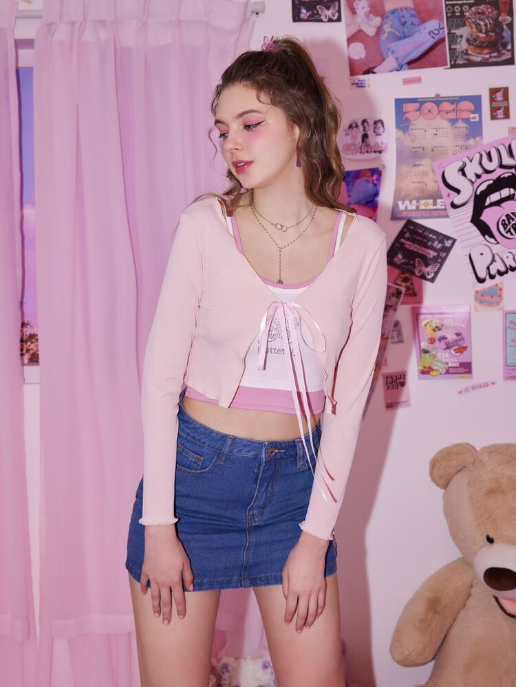 ROMWE Solid Tie Front Lettuce Trim Crop Top Without Cami - Baby Pink - View 5