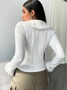 SHEIN MOD 麻花編織拼接領夾克 - 白色 - 查看 2