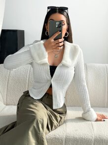 SHEIN MOD 麻花編織拼接領夾克 - 白色 - 查看 5