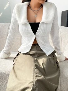 SHEIN MOD 麻花編織拼接領夾克 - 白色 - 查看 4