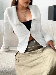 SHEIN MOD 麻花編織拼接領夾克 - 白色 - 查看 6