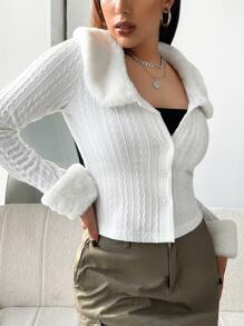 SHEIN MOD 麻花編織拼接領夾克 - 白色 - 查看 3