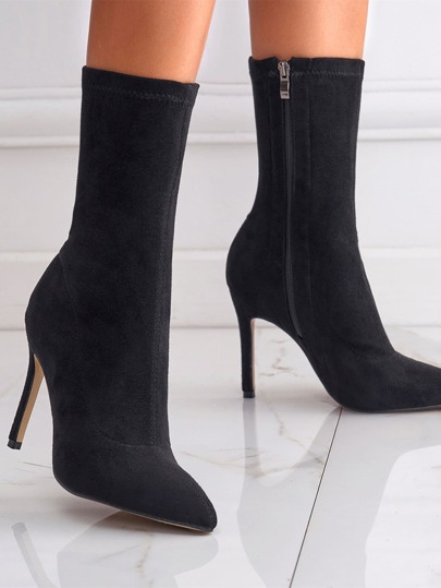 Elastische hoge hakken voor dames, zwart, puntige neus, rits aan de zijkant, herfst/winter, laarzen tot de kuit, te combineren met een witte jurk, sexy, feest
