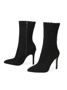 Giày cao gót nữ co giãn da lộn màu đen mũi nhọn có khóa kéo bên hông, bốt cao đến bắp chân mùa thu đông, phối với váy trắng, gợi cảm, dự tiệc - màu đen - Xem 5