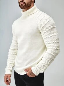 Manfinity 男士高領插肩袖麻花編織套頭毛衣 - 米色 - 查看 3