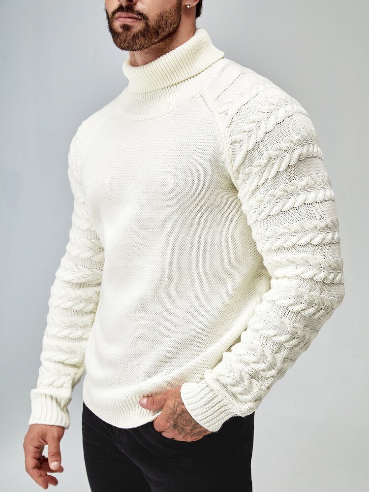 Manfinity 男士高領插肩袖麻花編織套頭毛衣 - 米色 - 查看 2