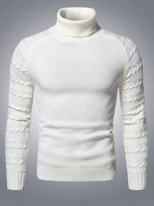 Manfinity 男士高領插肩袖麻花編織套頭毛衣 - 米色 - 查看 4