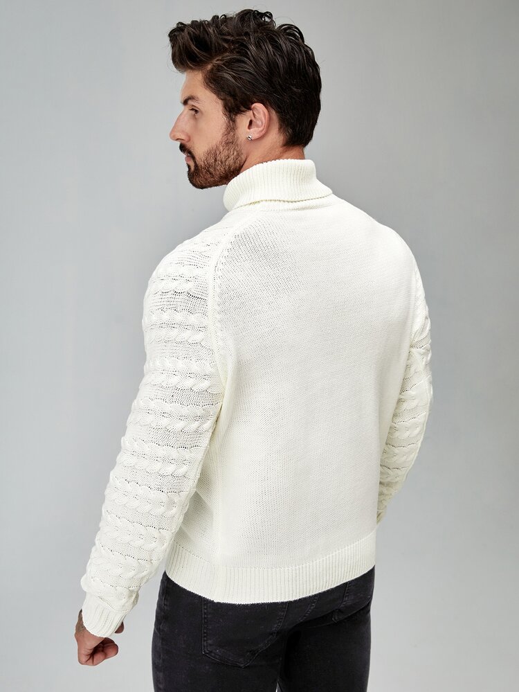 Manfinity 男士高領插肩袖麻花編織套頭毛衣 - 米色 - 查看 4