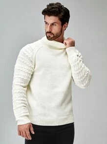 Manfinity 男士高領插肩袖麻花編織套頭毛衣 - 米色 - 查看 6