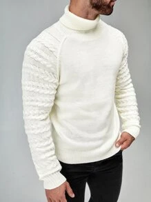 Manfinity 男士高領插肩袖麻花編織套頭毛衣 - 米色 - 查看 7