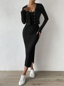 SHEIN Essnce Ribbed Knit Button Front Top & Split Thigh Bodycon Dress - Black - View 3