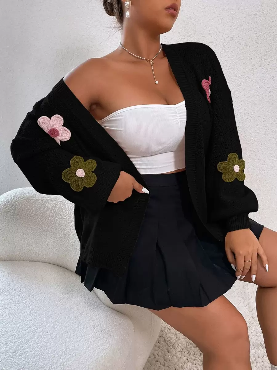 Flirla Áo khoác cardigan hở vai họa tiết hoa Plus, dành cho mùa đông - màu đen - Xem 1