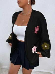 Flirla Áo khoác cardigan hở vai họa tiết hoa Plus, dành cho mùa đông - màu đen - Xem 3