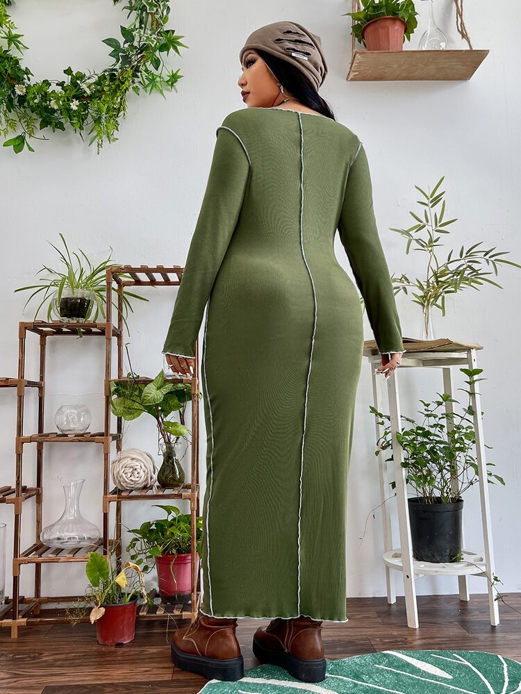 PUNK Plus Scoop Neck Top-stitching Dress Without Belt - Olive Green - View 3