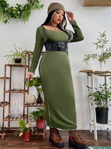 PUNK Plus Scoop Neck Top-stitching Dress Without Belt - Olive Green - View 5
