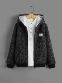 SHEIN 男孩字母貼布毛絨內襯連帽夾克 - 深灰色 - 查看 1