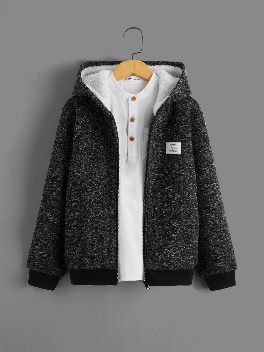 SHEIN 男孩字母貼布毛絨內襯連帽夾克 - 深灰色 - 查看 1