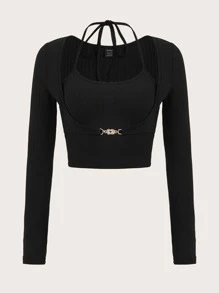 Muchica 女士时尚纯色露背短款上衣，秋季款 - 黑色 - 查看 1