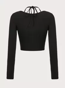 Muchica 女士时尚纯色露背短款上衣，秋季款 - 黑色 - 查看 2