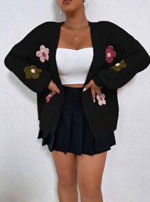 Flirla Áo khoác cardigan hở vai họa tiết hoa Plus, dành cho mùa đông - màu đen - Xem 4