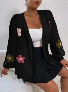 Flirla Áo khoác cardigan hở vai họa tiết hoa Plus, dành cho mùa đông - màu đen - Xem 6