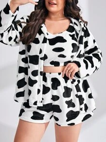 3 piezas Conjunto de pijama con estampado de vaca con capucha - Blanco y Negro - Ver 1