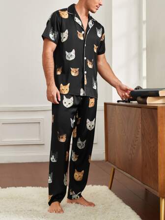 Guys Cat Head Print Contrast Piping PJ Set