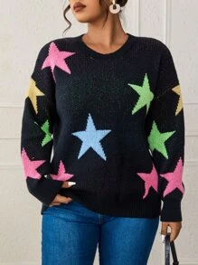 Flirla Plus Star Pattern Drop Shoulder Sweater - Black - View 1