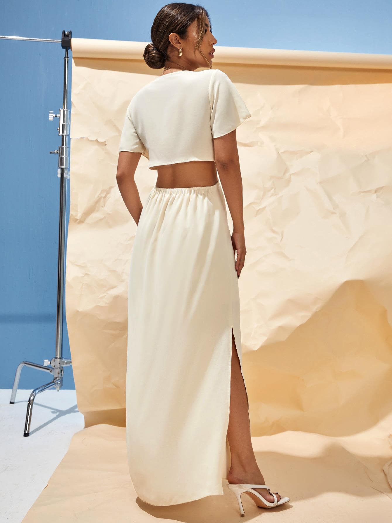 SHEIN VCAY Summer Beach Tie Front Deep V Neck Cutout Waist Split Hem